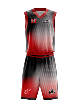 Custom basketball jersey mockup #3 front –Red Honey Comb sublimation on polyester fabric, Realm Hawk