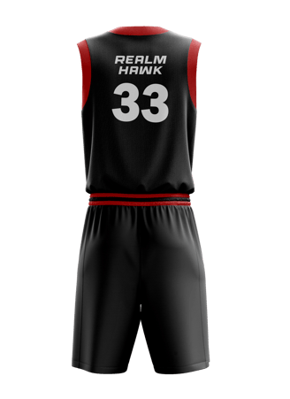 Custom basketball jersey mockup #3 back –Red Honey Comb sublimation on polyester fabric, Realm Hawk