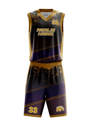 Custom basketball jersey mockup #2 front – Purple/Gold sublimation on polyester fabric | Realm Hawk