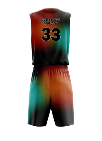 Custom basketball jersey mockup #1 back – Teal/Orange sublimation on polyester fabric | Realm Hawk
