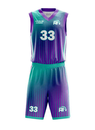 Custom basketball jersey mockup #4 front – Purple/Teal sublimation on polyester fabric | Realm Hawk