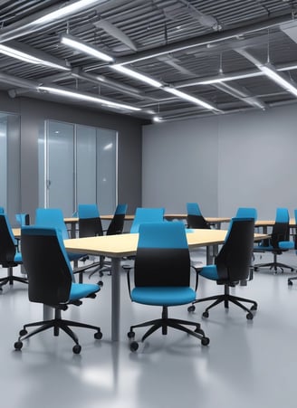 empty black rolling chairs at cubicles