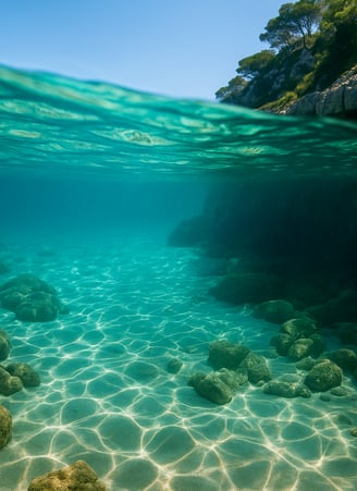 Cala secreta en Mallorca con aguas cristalinas rodeadas de acantilados y vegetación – Maiorca Unlocked