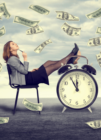 a woman sitting in a chair with money bills coming out of her feet