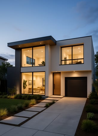 a modern home illuminated in the evening.