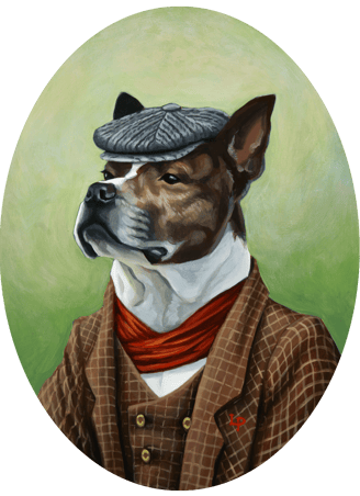 A brown and white pit bull wears a peaked cap and a red scarf under a checked jacket.