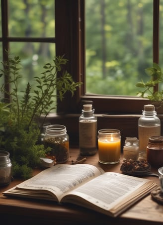 a book open book with a candle and herbal jars