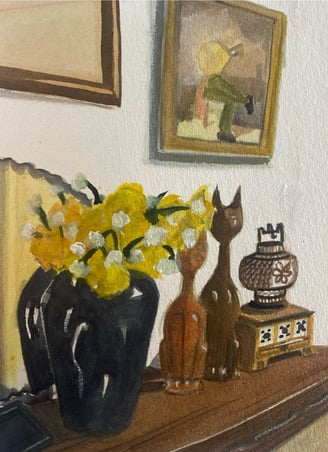 My mantlepiece in August 2024. watercolour and ink on cotton rag