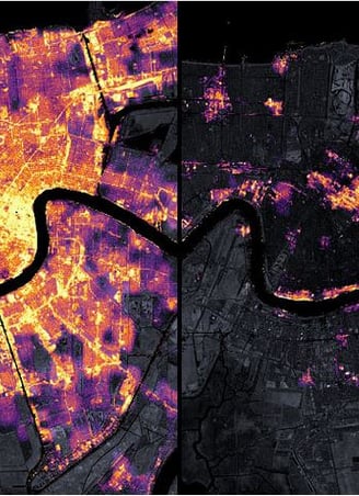 New Orleans region satellite city lights befor (left) and after (right) Hurricane Ida knocked out power (Image source: NASA)