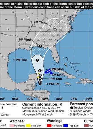 PTC five day cone of uncertainty map for what would later become Cat5 Hurricane Michael 6 October 2018 before it formed. NHC
