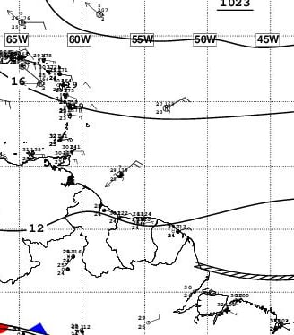 NHC TAFB surface analysis map showing two tropical waves 17 May 2022. (Image credit: NHC/NOAA)