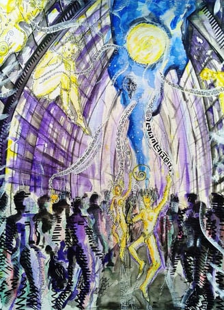 aquarelle aux tons violets et jaunes représentant l'arrivée d'êtres de lumière à contresens dans la 