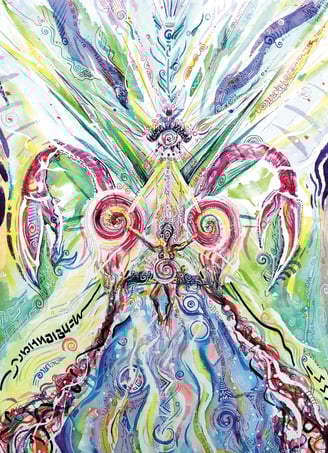 Aquarelle aux tons colorés entre l'abstrait et le cocret, pouvant représenter une frontiere entre mer et ciel, un uterus, etc