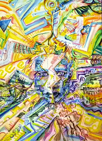 aquarelle aux couleurs vives, visage,, bateaux, végétations, abstrait et figuratif