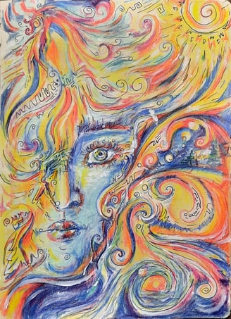 illustration aux tons bleus et orangés, réalisée au crayons de couleurs et feutre fin on distingue visage paysage et corps