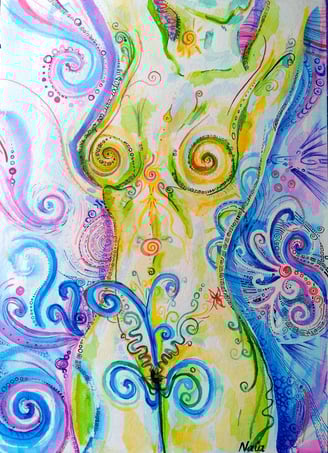 aquarelle représentant un corps à la limite du concret, vibrant et joyeux; Couleurs vers, bleus et violets.