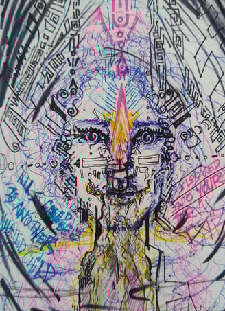 dessin extrait d'un carnet de croquis où on peut distinguer un visage  au regard hypnotique