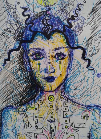Dessin au feutre fin aux traits gribouillis représentant une personne sereine