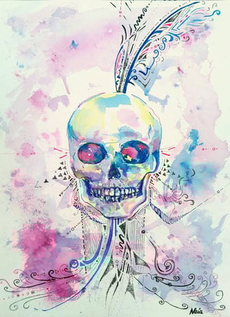 Aquarelle d'un crâne éthérique avec des motifs psychédéliques au feutre fin, tons rosés et bleus