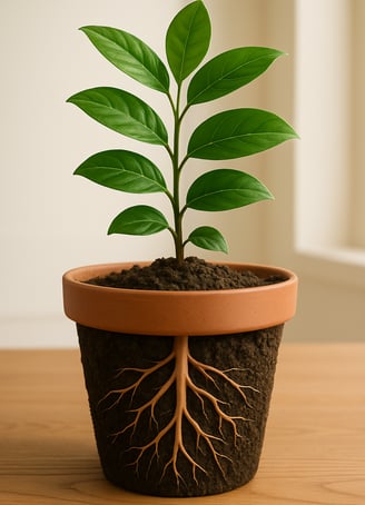 Potted houseplant with green leaves above soil and visible roots below, showing healthy growth.