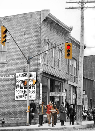 1900 photo of historic Arnprior street at the corner of Elgin and Daniel occupied by MJ Butcher