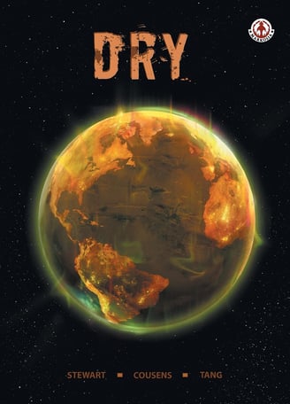 Cover of Dry issue 1 by David Cousens showing a dried up version of the Earth, as viewed from space