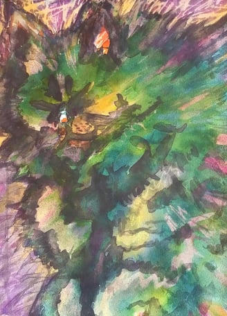 "En el abrazo de un peludo, el descanso florece". Una pintura que transmite consuelo y ternura.