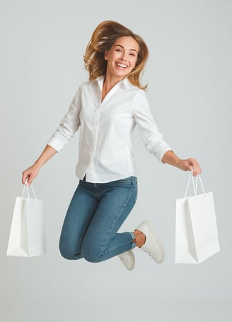 Uma mulher feliz com suas sacolas de presente