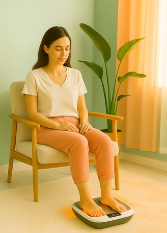 Wanita sedang menjalani terapi stroke & nyeri lutut dengan alat teknologi PEMF di Vita Tera