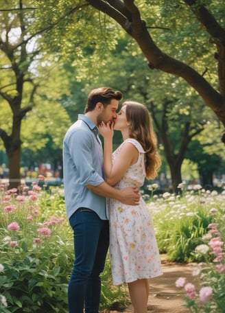 a man and a woman kissing in a garden