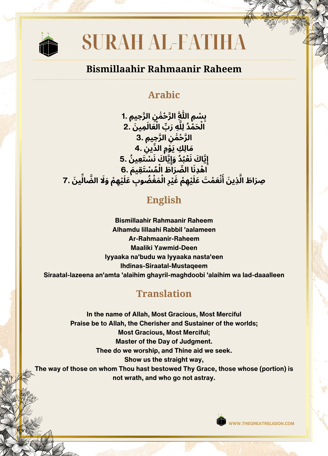 Surah Al-Fatiha, Arabic, English, Translation, Alhamdu Lillaahi Rabbil aalameen