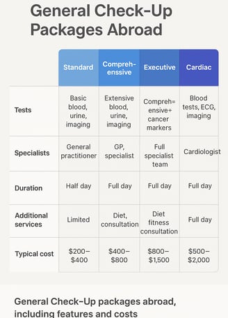 Comparison chart of general check-up packages abroad, including features and costs