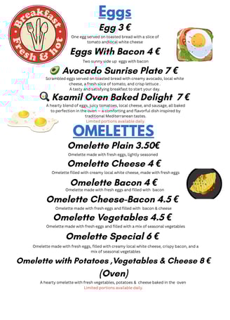 Breakfast menu , eggs & omelettes at The Sunset Drift Tavern , find it at John's Guesthouse , Ksamil