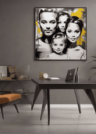 Mãe e filho em uma pintura, adicionando um toque emocional à decoração da sala.