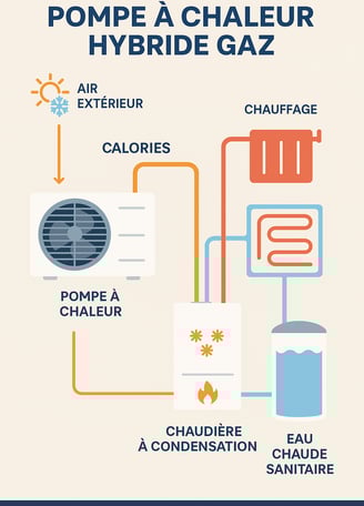 infographie fonctionnement pompe a chaleur hybride gaz pac eau chaude sanitaire