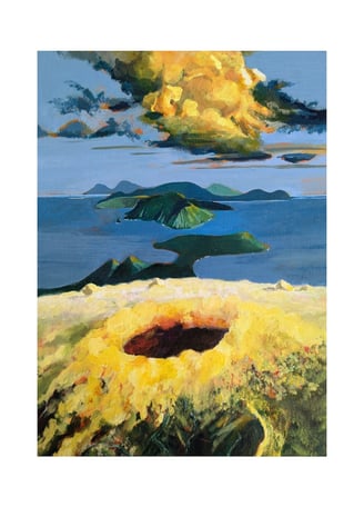 yellow cloud above volcanic crater against blue sky