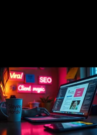 A woman working in laptop with a coffee mug laying slaying words