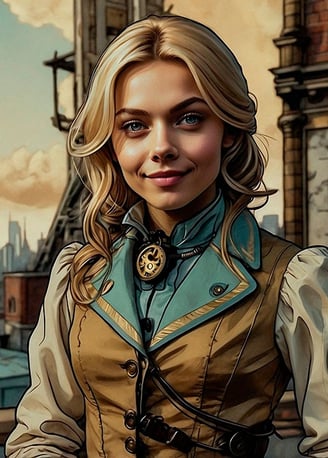 Portrait photo transformed into a comic painting of a girl with steamp punk style