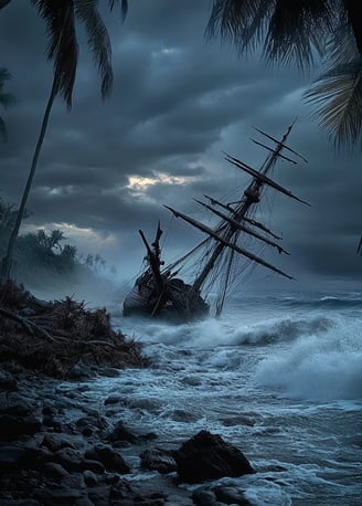 A broken, weather-beaten ship lies half-submerged near the shore