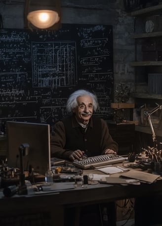 Albert Einstein smiling and sitting behind a computer keyboard in a 20th-century office with chalkbo