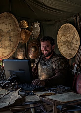 Alexander the Great smiling while sitting behind a computer keyboard in an ancient Macedonian