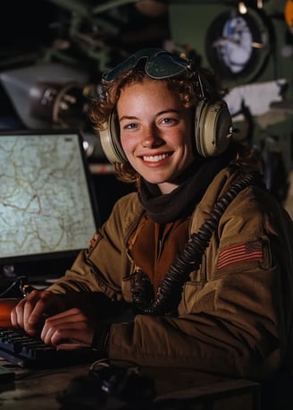 Amelia Earhart smiling while sitting behind a computer keyboard in a 1930s aviation hangar