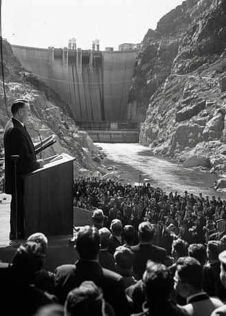grand ceremony at the base of the massive Boulder Dam. President Franklin D. Roosevelt stands at a p