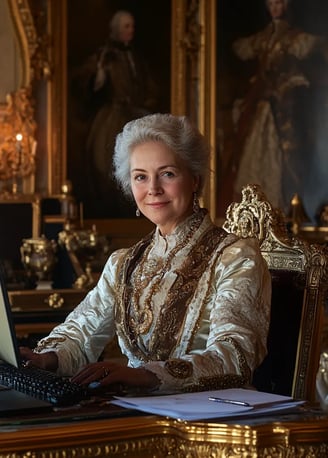Catherine the Great smiling while sitting behind a computer keyboard in an 18th-century Palace
