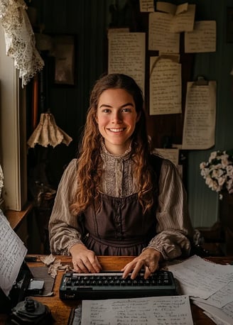 Emily Dickinson smiling while sitting behind a computer keyboard in a 19th-century New England room