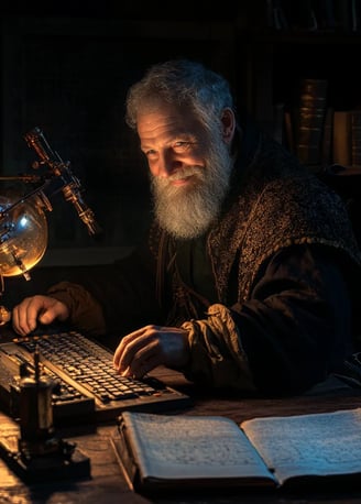 Galileo Galilei smiling while sitting behind a computer keyboard in a 17th-century observatory