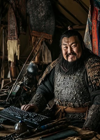 Genghis Khan smiling while sitting behind a computer keyboard in a nomadic Mongol tent with armor,