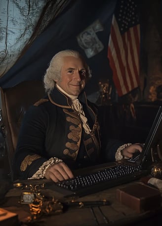 George Washington smiling while sitting behind a computer keyboard in a Revolutionary War-era tent