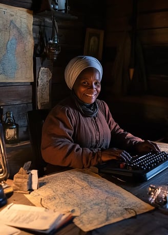 Harriet Tubman smiling while sitting behind a computer keyboard in a 19th-century cabin with maps