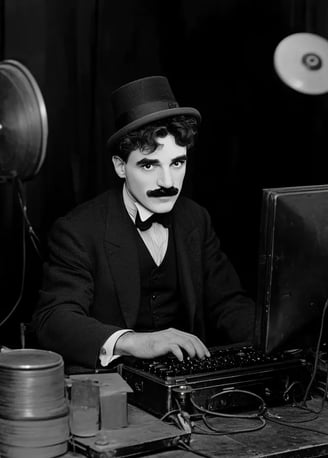 Charlie Chaplin smiling while sitting behind a computer keyboard in a 1920s silent film studio